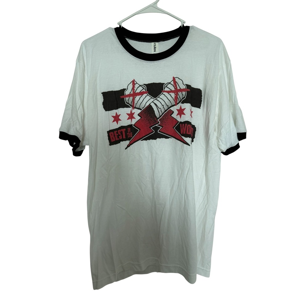 AEW WWE CM Punk Best in the World Ringer T-Shirt Mens White Black Red Graphic L